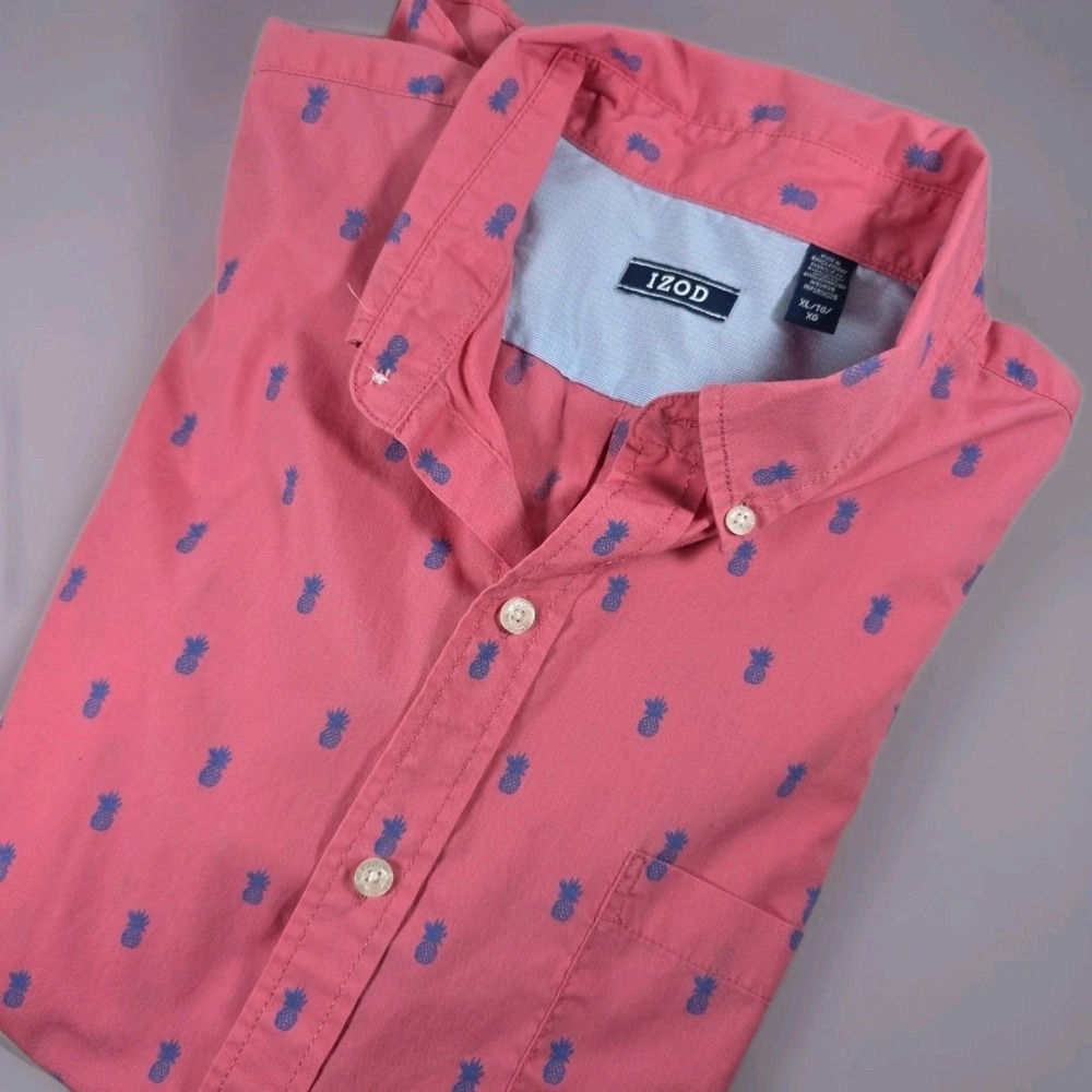 Mens Izod Pineapple Pink Blue‎ Fun Button-Down Shirt Size XL